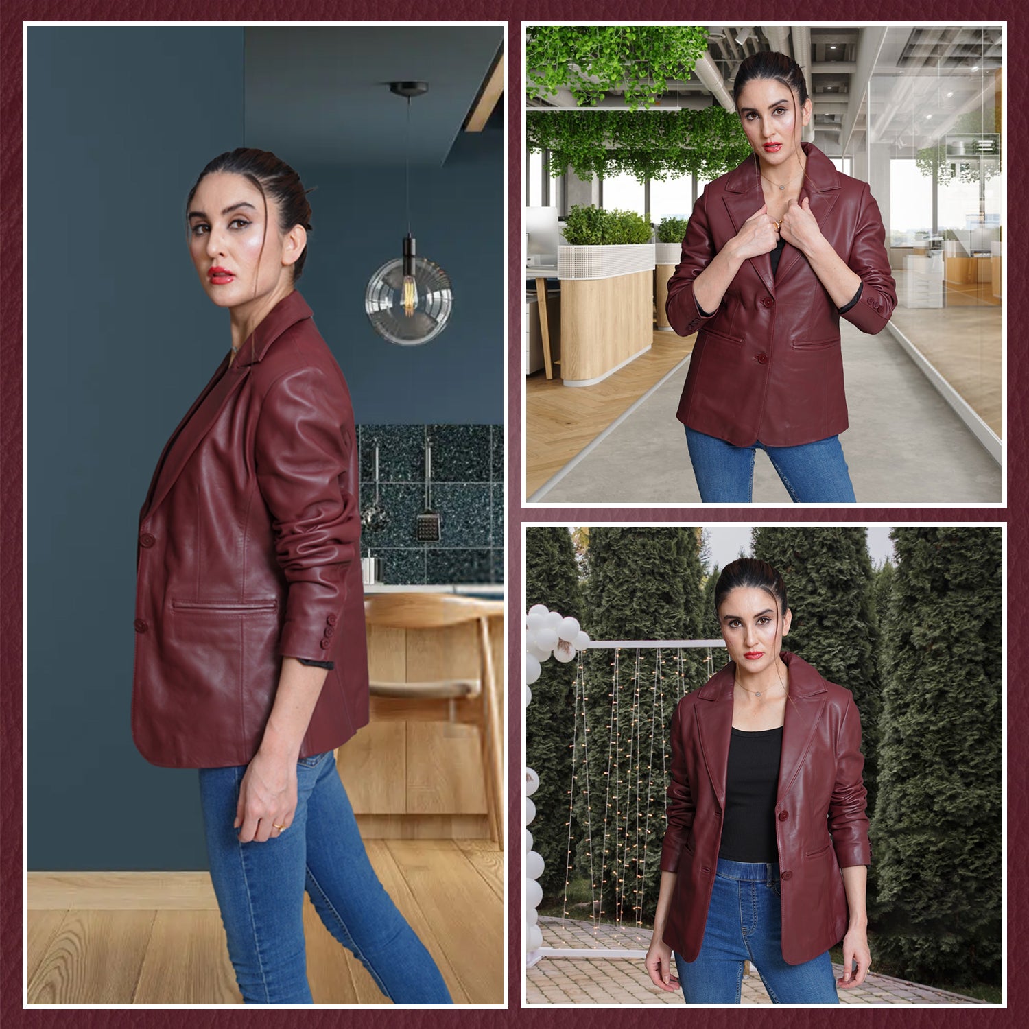 Women Maroon Leather Blazzer Jacket