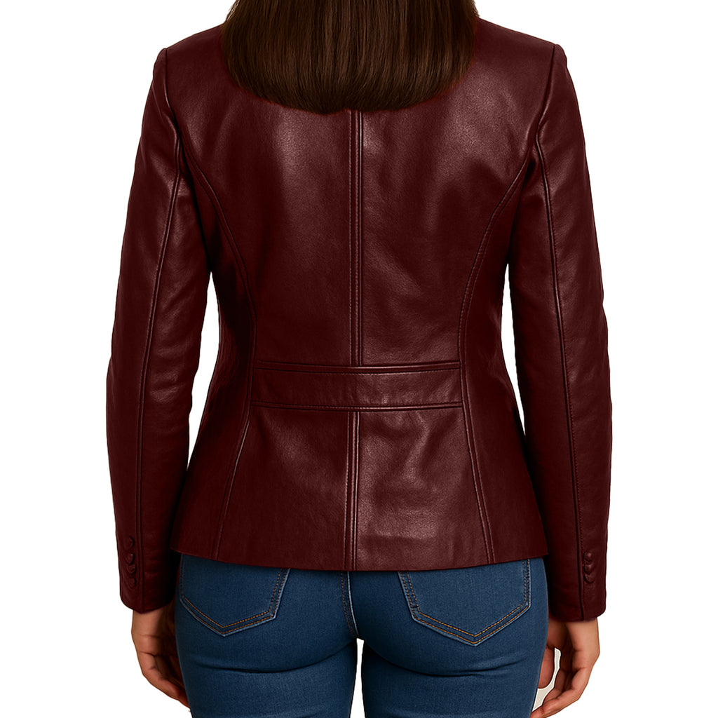 Women Maroon Leather Blazzer Jacket