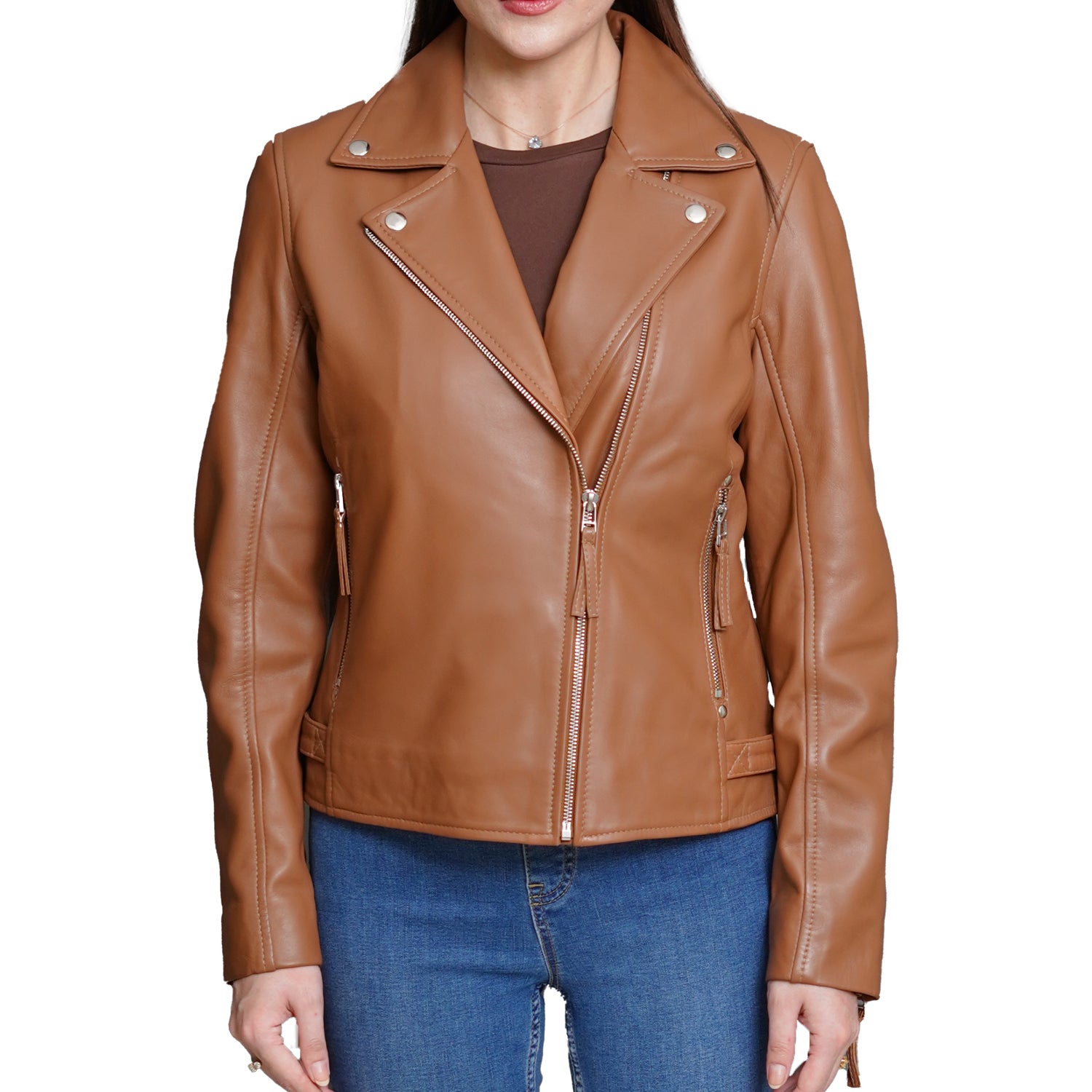 Slim Fit Cognac Leather Jacket Women