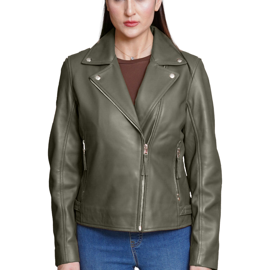 Real Olive Green Leather Jacket Women