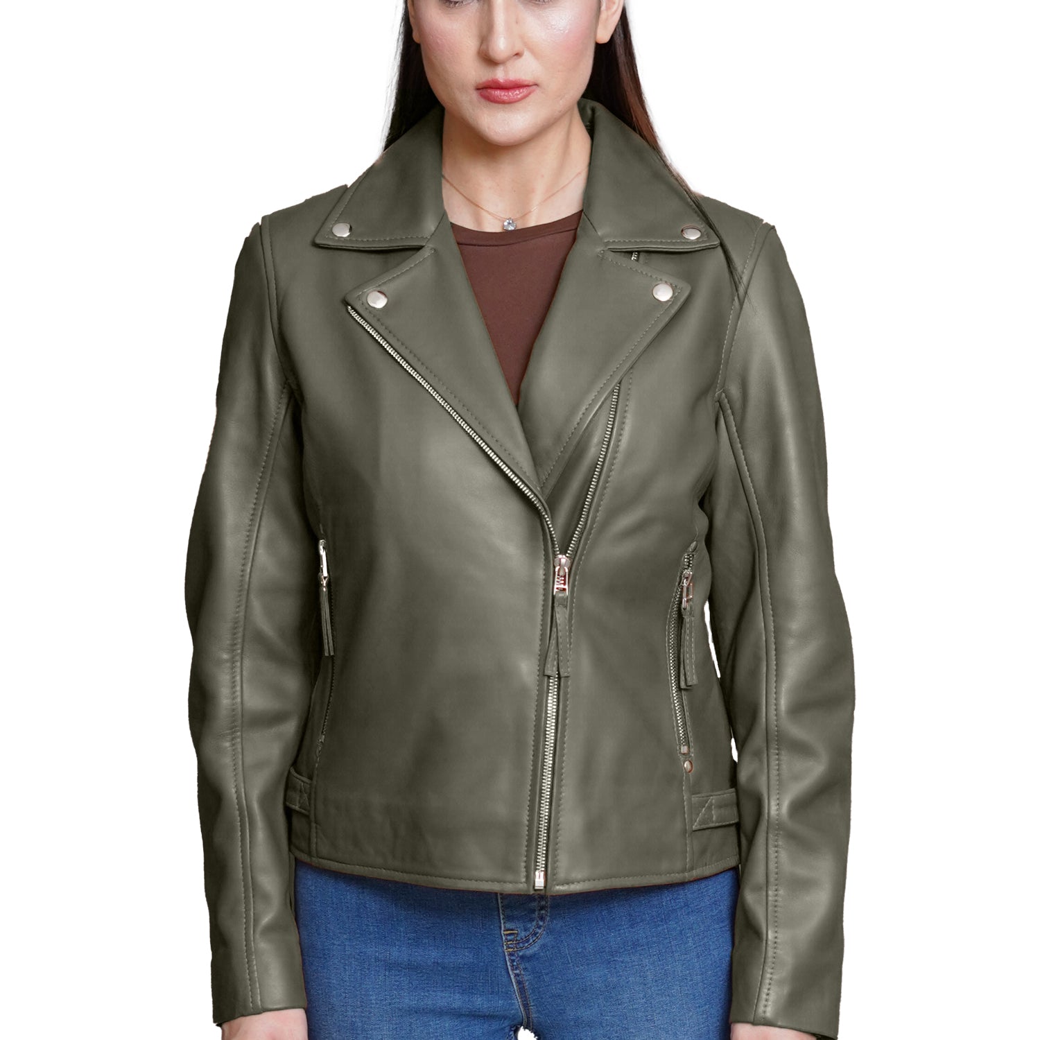 Real Olive Green Leather Jacket Women