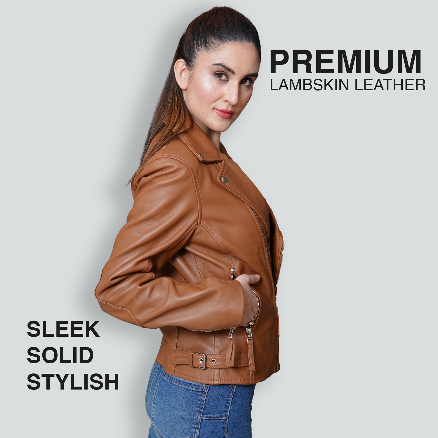 Slim Fit Cognac Leather Jacket Women