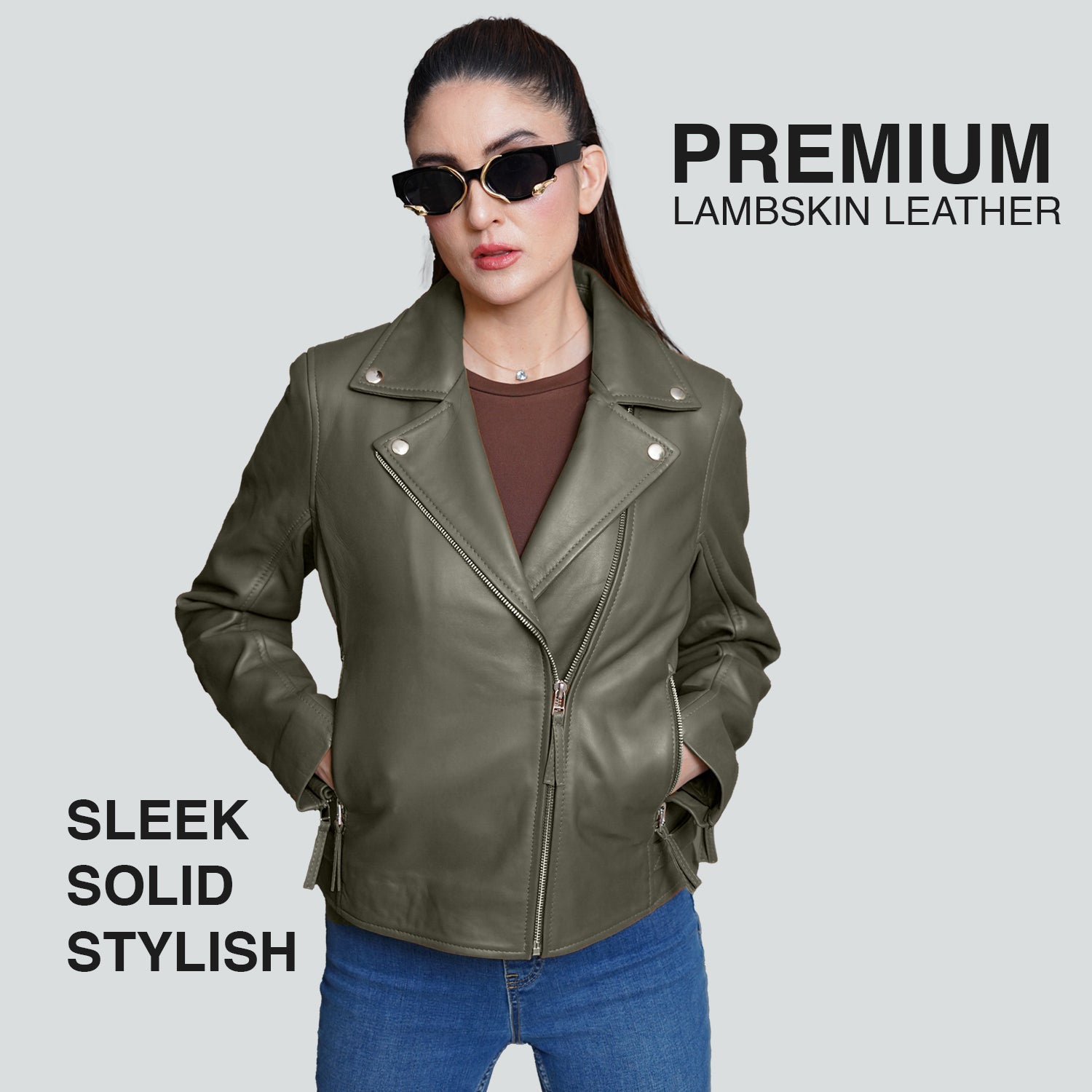 Real Olive Green Leather Jacket Women