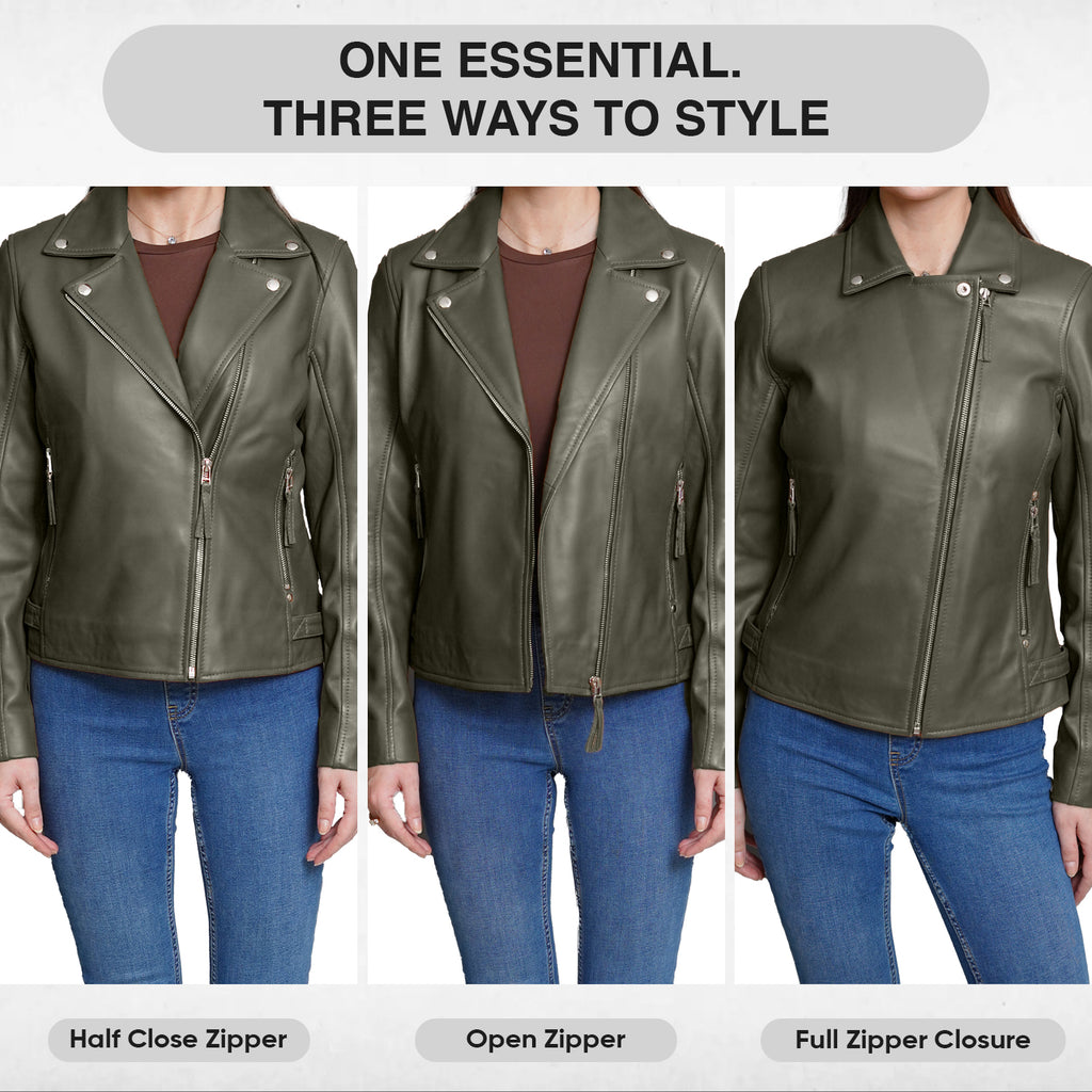 Real Olive Green Leather Jacket Women