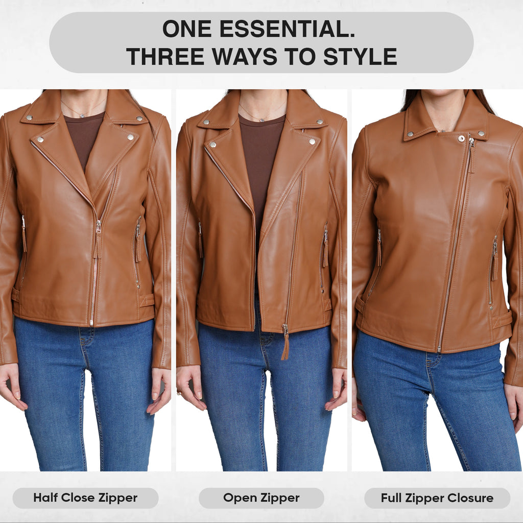 Slim Fit Cognac Leather Jacket Women