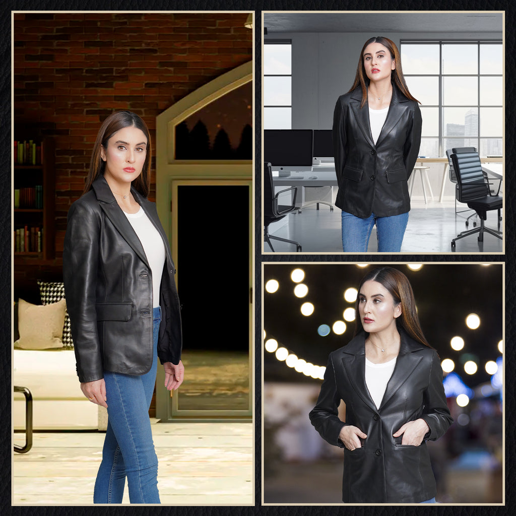 Women Black Leather Blazzer Jacket
