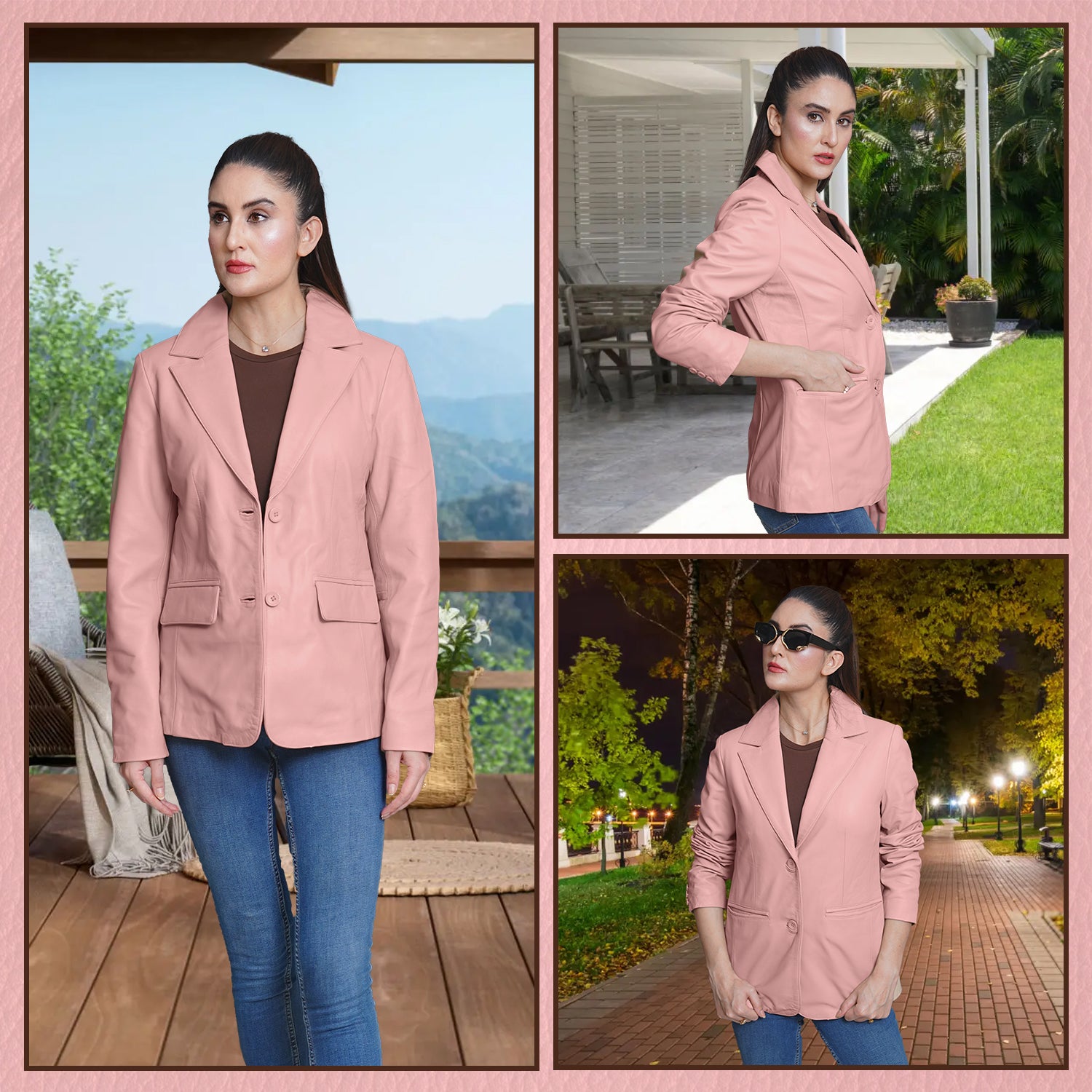Women Pink Leather Blazzer Jacket