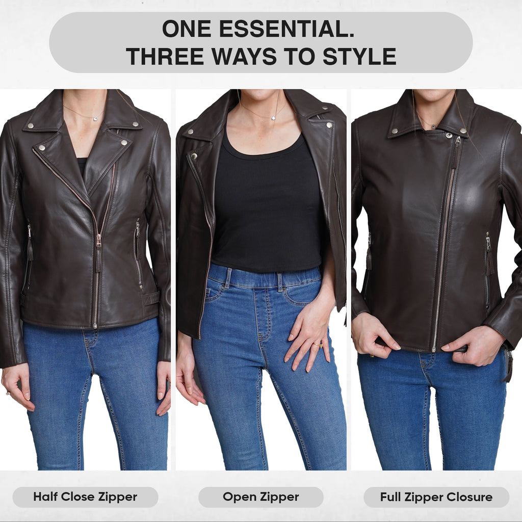 Moto Brown Leather Jacket Women