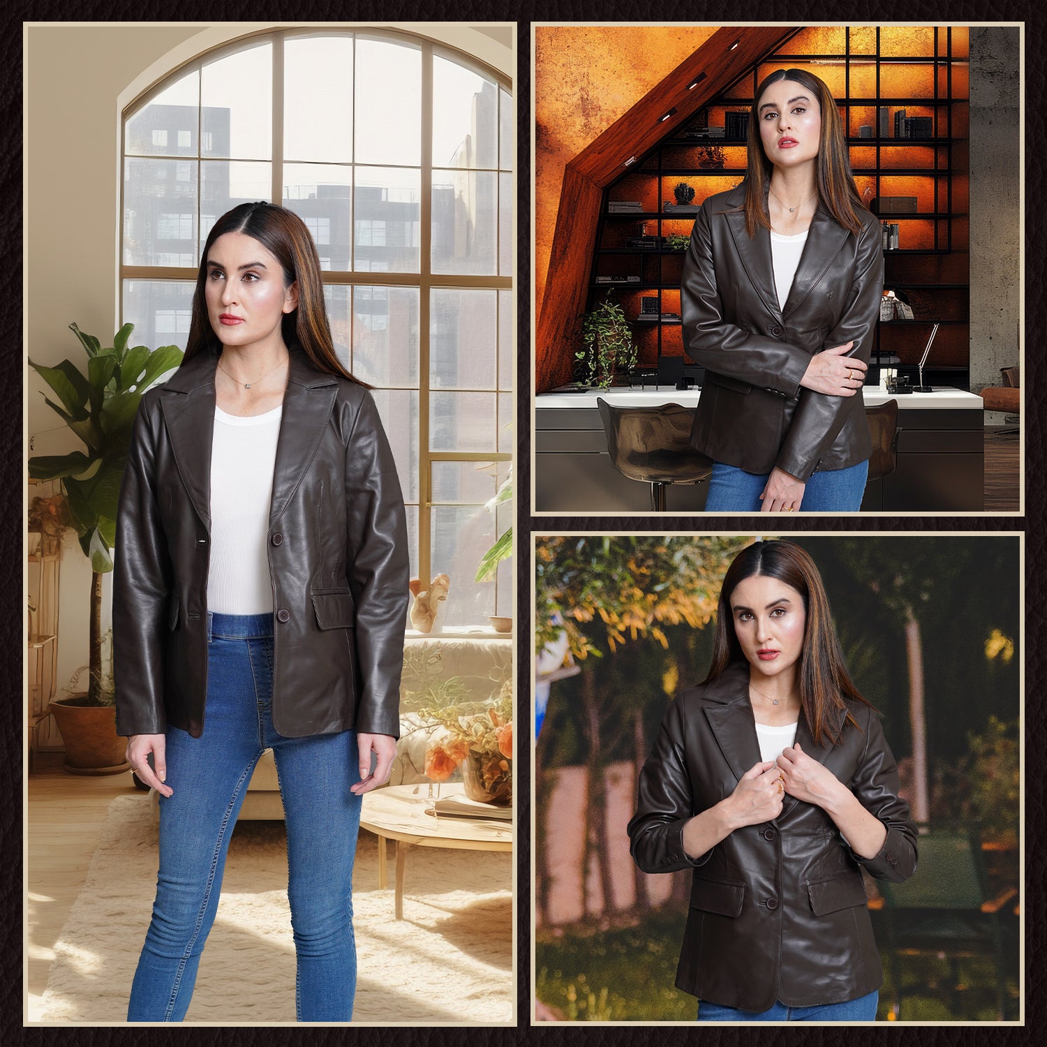 Women Brown Leather Blazzer Jacket