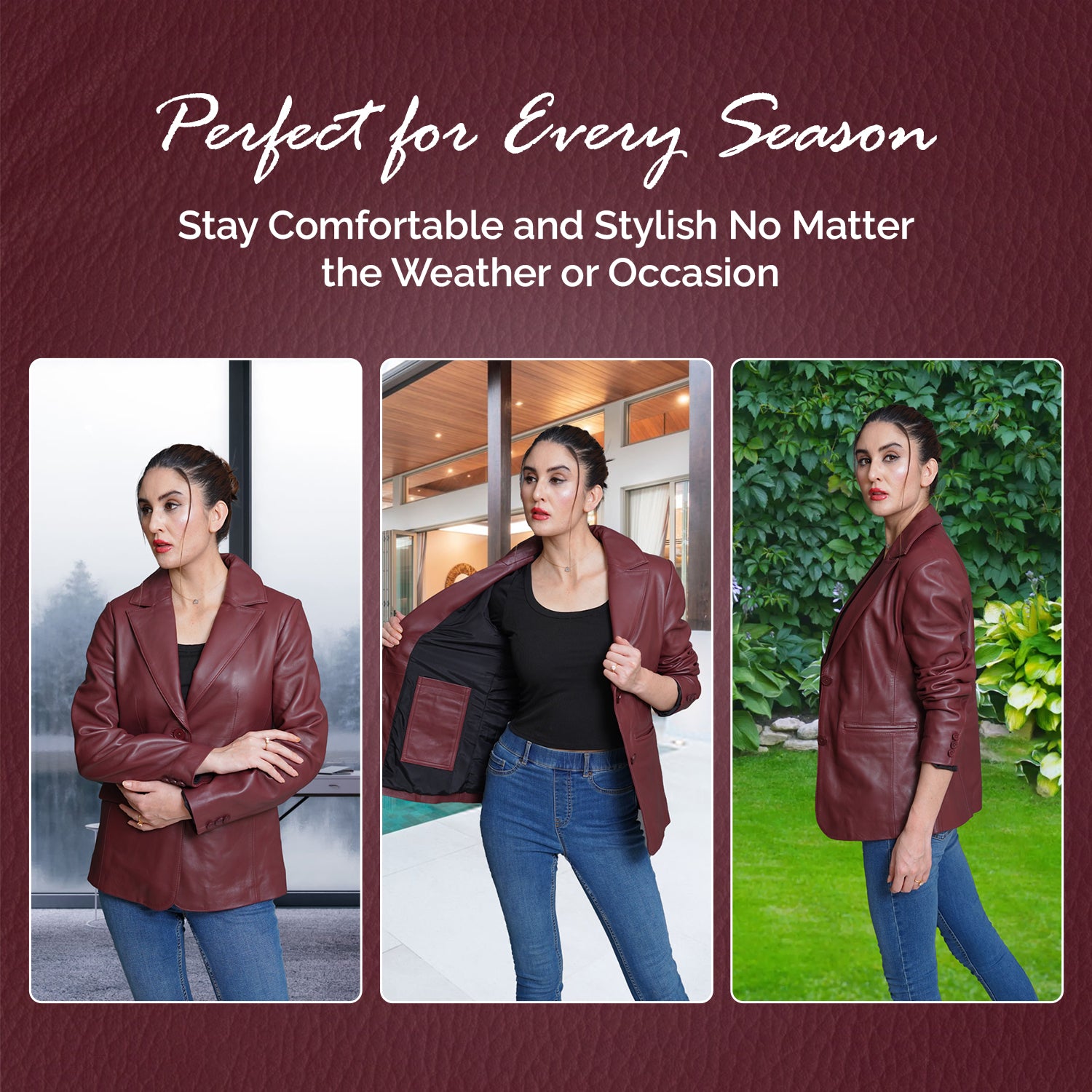 Women Maroon Leather Blazzer Jacket