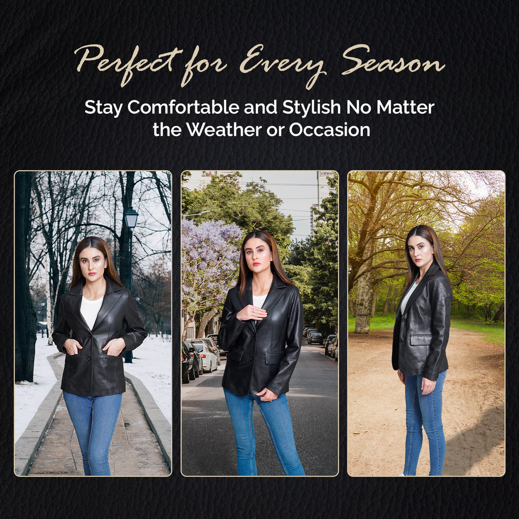Women Black Leather Blazzer Jacket
